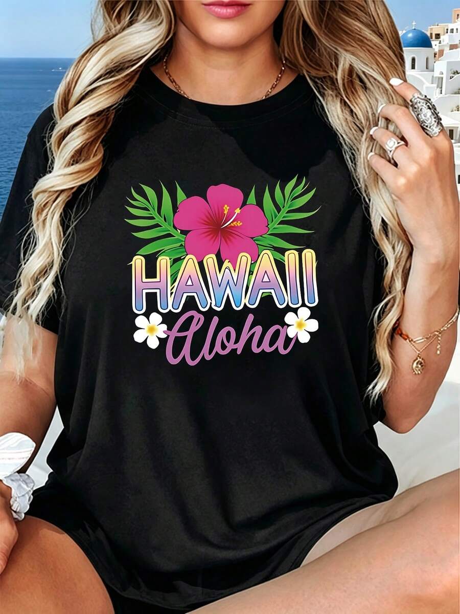 Camiseta de manga corta con cuello redondo para mujer, con estampado de flores de hibisco y hojas de palma estilo HAWAII Aloha, para compras informales, regalos de vacaciones, reuniones con amigos, fiestas deúsica, conjuntos de vacaciones - Camiseta unisex de algodón holgada de estilo vintage urbano con cuello redondo. - Negro - Ver 1