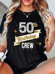 Camiseta de 50.º cumpleaños - Atuendo de hito con estampado de número 50 dorado y confeti, camiseta de manga corta y cuello redondo con letras dors, uste cómodo lavable a máquina, adecu para fiestas de hitos, camiseta casual de manga corta ligera de cumpleaños para uso diario de mujer - Negro - Ver 2