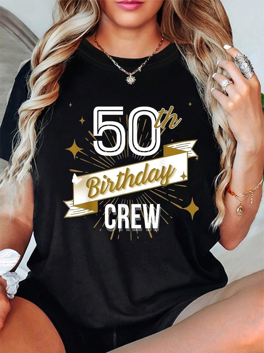 Camiseta de 50.º cumpleaños - Atuendo de hito con estampado de número 50 dorado y confeti, camiseta de manga corta y cuello redondo con letras dors, uste cómodo lavable a máquina, adecu para fiestas de hitos, camiseta casual de manga corta ligera de cumpleaños para uso diario de mujer