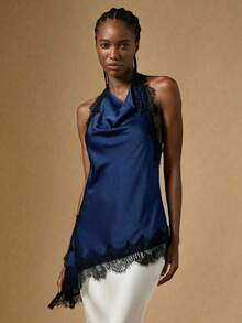 Blusa de verano con escote halter, espalda descubierta y bajo asimétrico con encaje en contraste - Azul marino - Ver 3