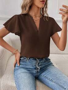 Camisa de mujer de unicolor con escote en V entallado y manga corta, informal y adecuada para el trabajo, blusas de manga corta - Café integral - Ver 1