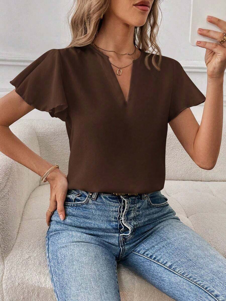 Camisa de mujer de unicolor con escote en V entallado y manga corta, informal y adecuada para el trabajo, blusas de manga corta - Café integral - Ver 1