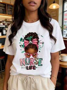 Women's Nurse T-Shirt - Cartoon Nurse Design With Stethoscope And Medical Symbols, Pink Bow And Glasses, Funny Gift For Nurses And Healthcare Workers - Funny Women's T-Shirts - Suitable For Any Occasion, Suitable For All Seasons, Gift Must-Have. - 白色 - 查看 4