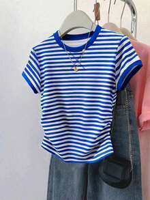 Camiseta gráfica casual a rayas para mujer, con cintura fruncida ajustada, versátil para el verano, de vuelta al colegio, uso diario, fiesta, cita, con un diseño que capta mucha atención - Multicolor 6 - Ver 6