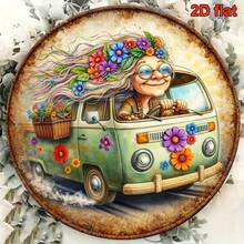 2D Flat, 1pc 8x8 Inch/20x20cm Round Wall Plaque "Hippie Grandma Driving Flower Car" Retro Boho Style Floral Wreath Decorated Van - Vintage Style Suitable For Cafe, Decor - Van Metal Sign, 2D Flat (Random Hole Position) - A - View 6