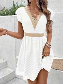 Vestido corto de mujer con cuello en V y mangas cortas, de verano - Blanco - Ver 7