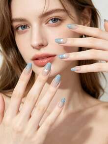 24 piezas de uñas postizas de almendra azul degradado con cobertura completa, brillantes, uñas falsas con corazón y estrella de strass, puntas de uñas falsas reutilizables - Multicolor - Ver 3