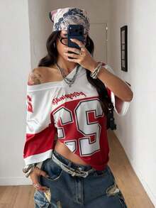 Camiseta suelta de malla transpirable con gráficos, para uso casual y salir, estilo urbano de verano para mujer - Rojo - Ver 4