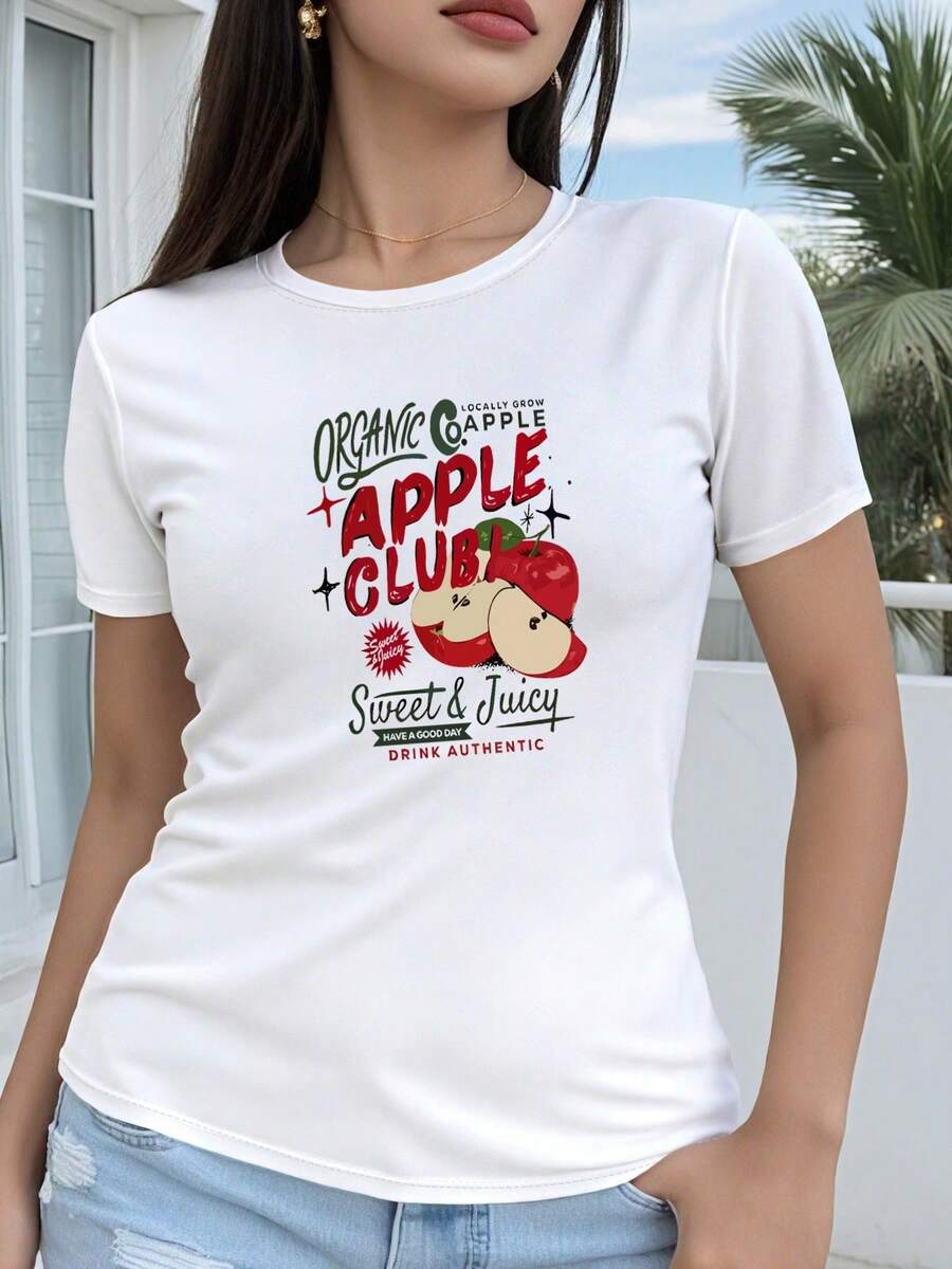 Women's T-Shirt, Regular Style Short Sleeve - 2D Geometric Design With Sweet And Juicy Organic Apple Print, Casual Short Sleeve Top With Round Neck Suitable For All Seasons, Available In Various Colors And Sizes, Festive Fashion, Retro Aesthetic, Breathable Material, Fun Print. - 白色 - 查看 1