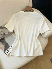 Camiseta de mujer de estilo minimalista francés, de punto, blanca, con diseño de giro 2 en 1, cuello redondo y manga corta, adecuada para el uso diario, el trabajo, la escuela, el maestro, el estudiante, las vacaciones, la playa y las fiestas, nu - Blanco y Negro - Ver 2