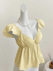 Top corto de camisola con escote bajo y espalda descubierta, con manga tipo gorra y volantes en azul, diseño sexy - Amarillo - Ver 1