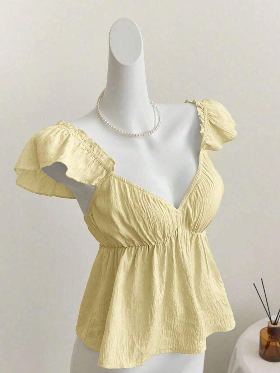 Top corto de camisola con escote bajo y espalda descubierta, con manga tipo gorra y volantes en azul, diseño sexy - Amarillo - Ver 1