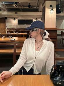 Spring/Summer Women's White Lightweight Transparent Zipper Knit Cover Up | Simple Fashionable Sun Protection Cover-Up, Versatile Layering - White - View 4
