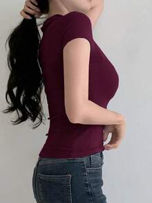 Camiseta polo de manga corta de ajuste ceñido de unicolor para mujer, casual de verano, casual de negocios, tops estilo universitario para mujer - Burdeos - Ver 5