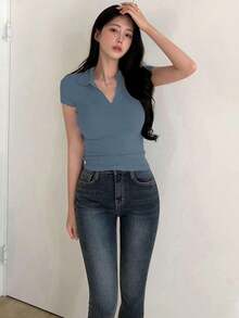 Camiseta casual de mujer de cuello polo de unicolor y manga corta, informal, para el verano, estilo casual empresarial para mujeres - Azul 2 - Ver 2