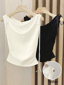 Blusa sin mangas de seda de leche blanca con cuello de barco, diseño de lazo en la cintura, estilo sexy, ideal como regalo de cumpleaños, para citas, fiestas o el trabajo.Diseño versátil y elegante para primavera y verano. - Albaricoque - Ver 5