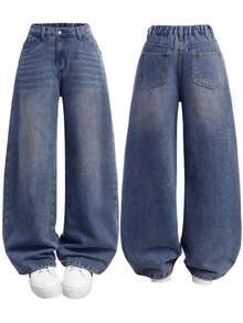 Tween Girl Vintage Retro Washed Versatile Wide Leg Jeans - Light Wash - View 1