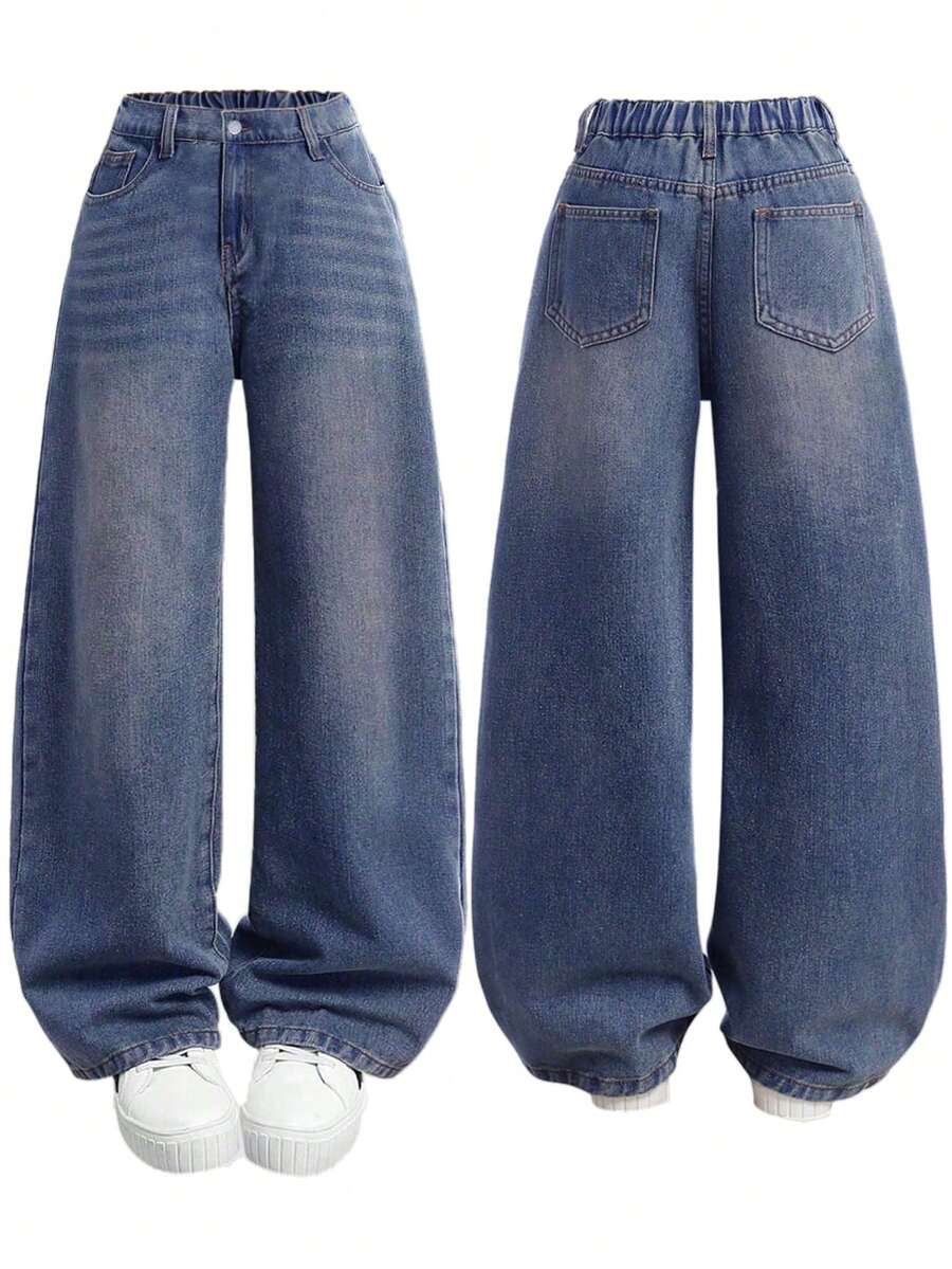 Tween Girl Vintage Retro Washed Versatile Wide Leg Jeans - Light Wash - View 1