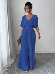 Mono de mujer elegante con cuello en V profundo, mangas tipo murciélago y plisados, de unicolor - azul real - Ver 4