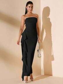 Vestido de dama de honor de boda de verano, vestido largo blanco con pliegues, abertura alta, volantes y tiras para fiesta, sin mangas y sin tirantes, sexy - Negro - Ver 1