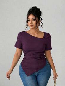 Camiseta de manga corta de cuello asimétrico para mujer talla grande, top ajustado versátil y elegante de alta gama, adecuado para primavera/verano - Morado - Ver 5