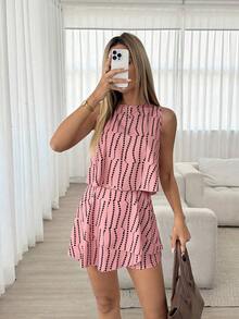 2 piezas de camiseta sin mangas y shorts de falda con diseño asimétrico y multicapa, ideal para uso casual, ir al trabajo o de vacaciones - Multicolor 2 - Ver 4
