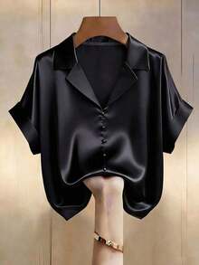 Blusa de satén color champán con escote en V y diseño de botones de perla, de manga corta, elegante para primavera/verano - Negro - Ver 6