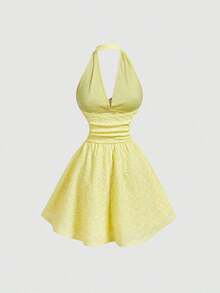 Vestido de fiesta elegante de mujer con estampado de cerezas, escote halter, espalda descubierta y cintura fruncida - Amarillo - Ver 4