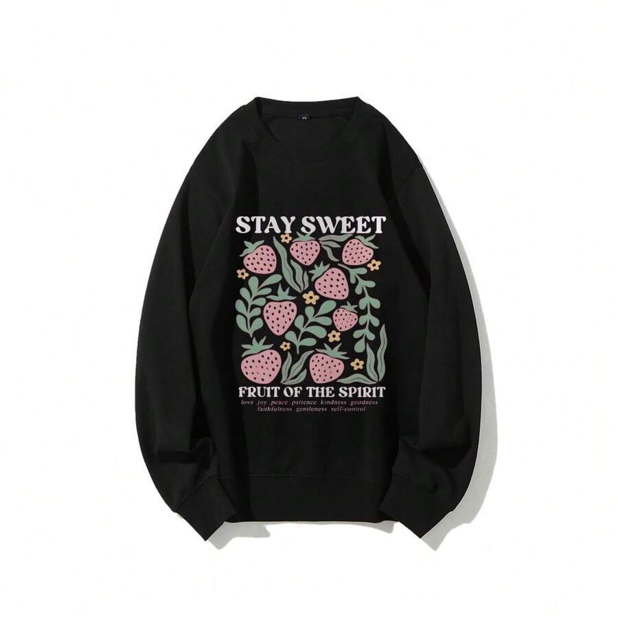 Nueva sudadera STAY SWEET con estampado de fresas, cuello redondo, estilo casual y holgado para otoño/invierno para mujer. - Negro - Ver 1
