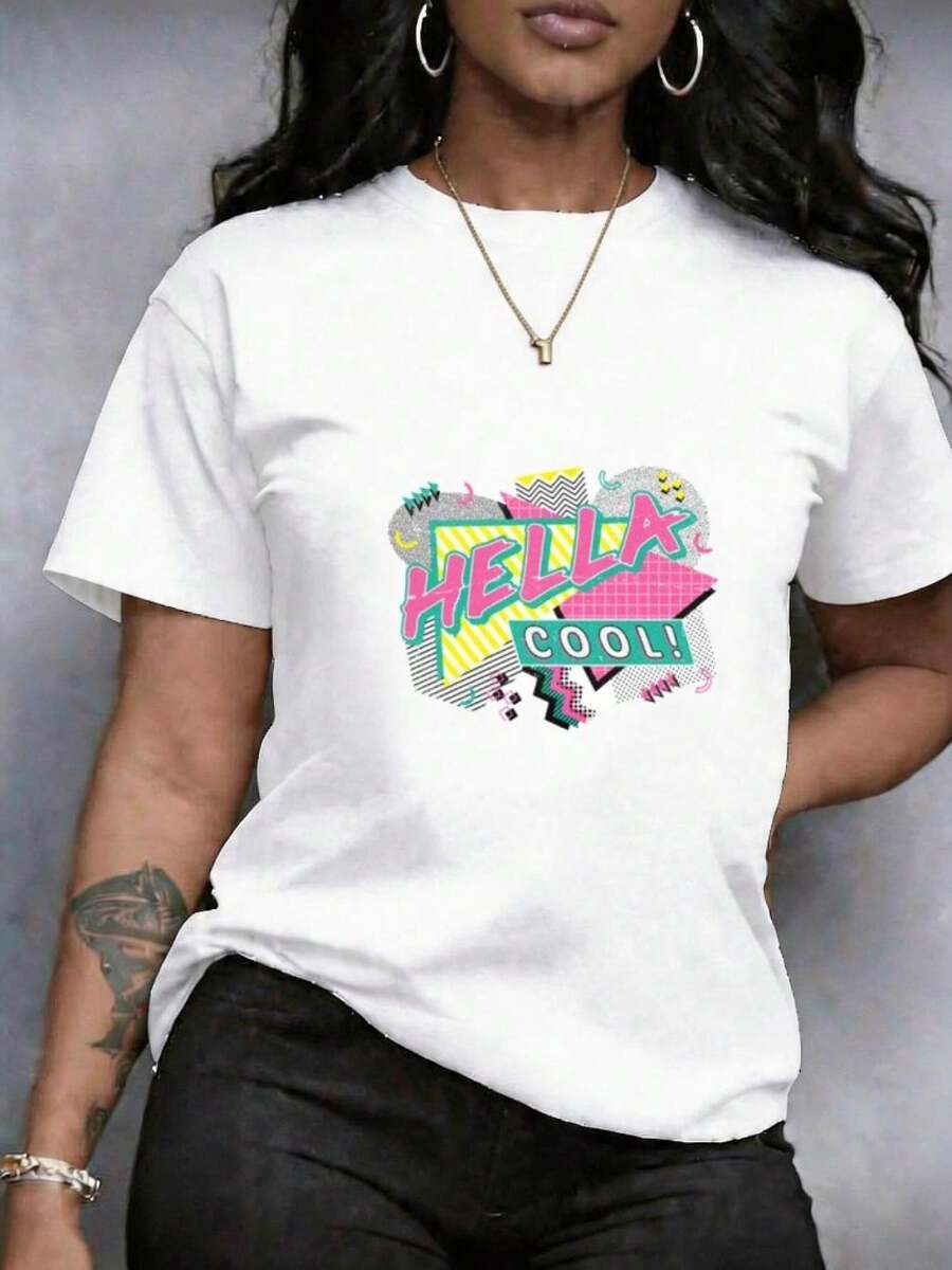 Women's T-Shirt With Tropical Print Featuring HELLA COOL Text And Geometric Shapes, Short Sleeves, Round Neck, Plus Size Top, In A Urban Retro Style, Casual Short Sleeves, Versatile Casual Round Neck, Suitable For Training And Casual Wear, Everyday Casual Wear, Washable, Comfortable, Soft And Breathable - 白色 - 查看 1