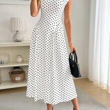Women's Polka Dot Pattern Round Neck Cap Sleeve Elegant Mid-Length Dress Polka Dots Long Dress Women Dress Long Dress Black Dot Dress Dress Outfit - Rojo - Ver 6