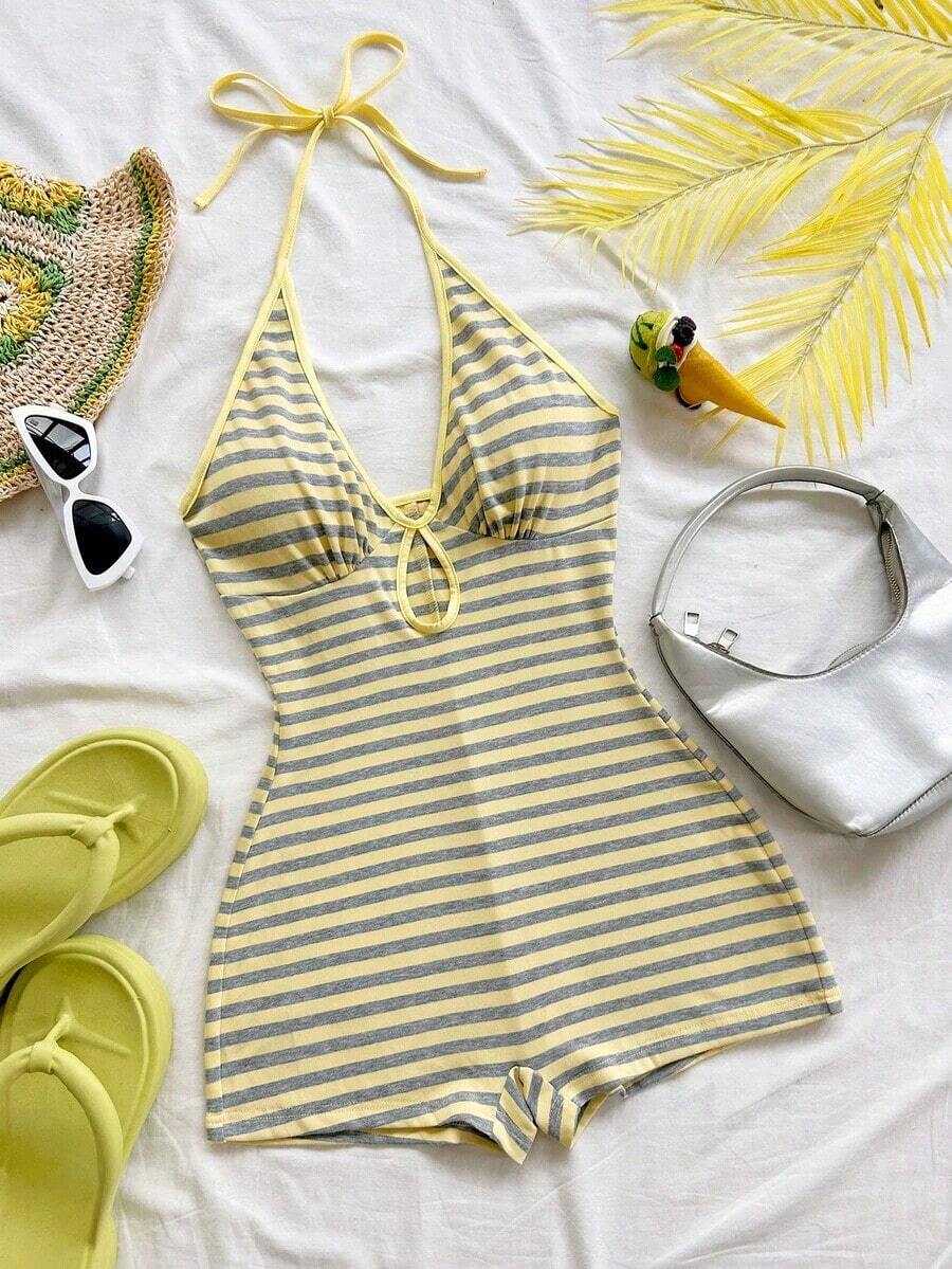 Nuevo mono mini con tirantes de punto multicolor a rayas, sin espalda, adecuado para otoño/invierno, Halloween, Año Nuevo, carnaval, fiesta, cita, té de la tarde, playa, como capa o prenda exterior - Multicolor 4 - Ver 1