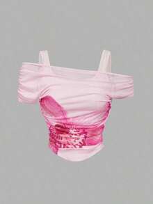 Top de chaleco de unicolor cubierto por una manga abullonada de malla color albaricoque para mujer - Rosa - Ver 5