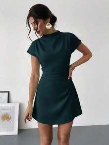 Vestido mini de línea A con fruncido de unicolor, adecuado para el uso diario en verano - Azul marino - Ver 3