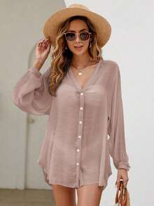 Holidaya Kimono unicolor con botón delantero - Rosa vieja - Ver 4