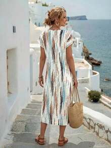 Vestido casual de mujer con estampado floral y manga corta, ideal para vacaciones de verano - Azul Agua - Ver 2
