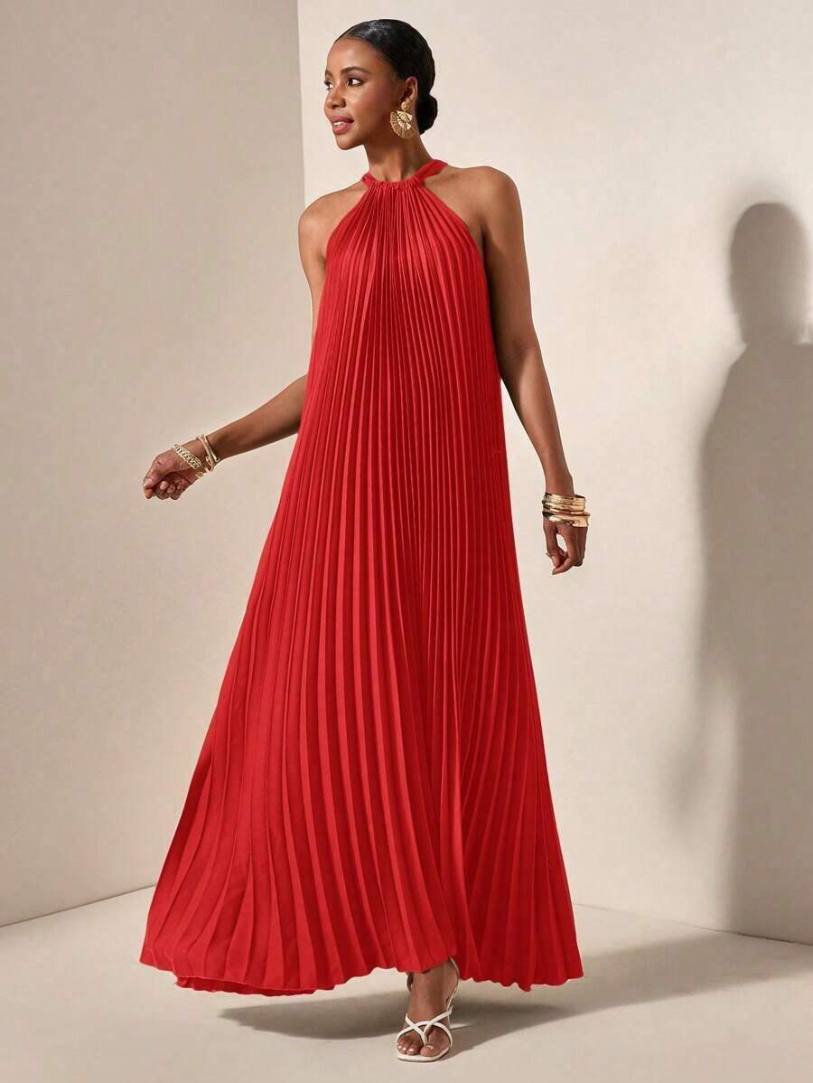 Vestido holgado de verano y primavera casual de vacaciones de cuello halter sin mangas con pliegues y bajo en A, color verde oscuro - vestido para mujer - Rojo - Ver 1