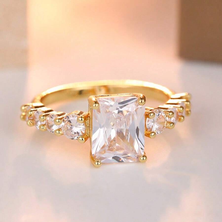 Minimalist Synthetic Zirconia Hollow Design Ring, Handmade Jewelry Suitable For Daily Wear, Ideal Gift For Friends - Gold - View 1