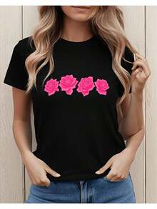 Camiseta de mujer con estampado floral, cuello redondo y manga corta suave para uso diario, diseño holgado casual ligeramente extralargoSuitable for spring, summer and autumneurmuseeurmuse - Negro - Ver 6