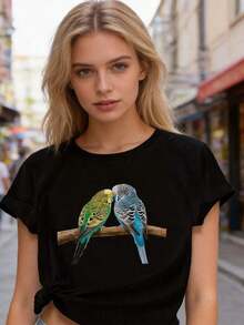 Camiseta Casual de Manga Corta para Mujer Talla Grande - Estampado Vibrante de Periquito, Cuello Redondo, Top de Verano, Suave, Lavable, Transpirable y Ligero para Uso Diario Casual, Blusa de Manga Corta - Negro - Ver 7