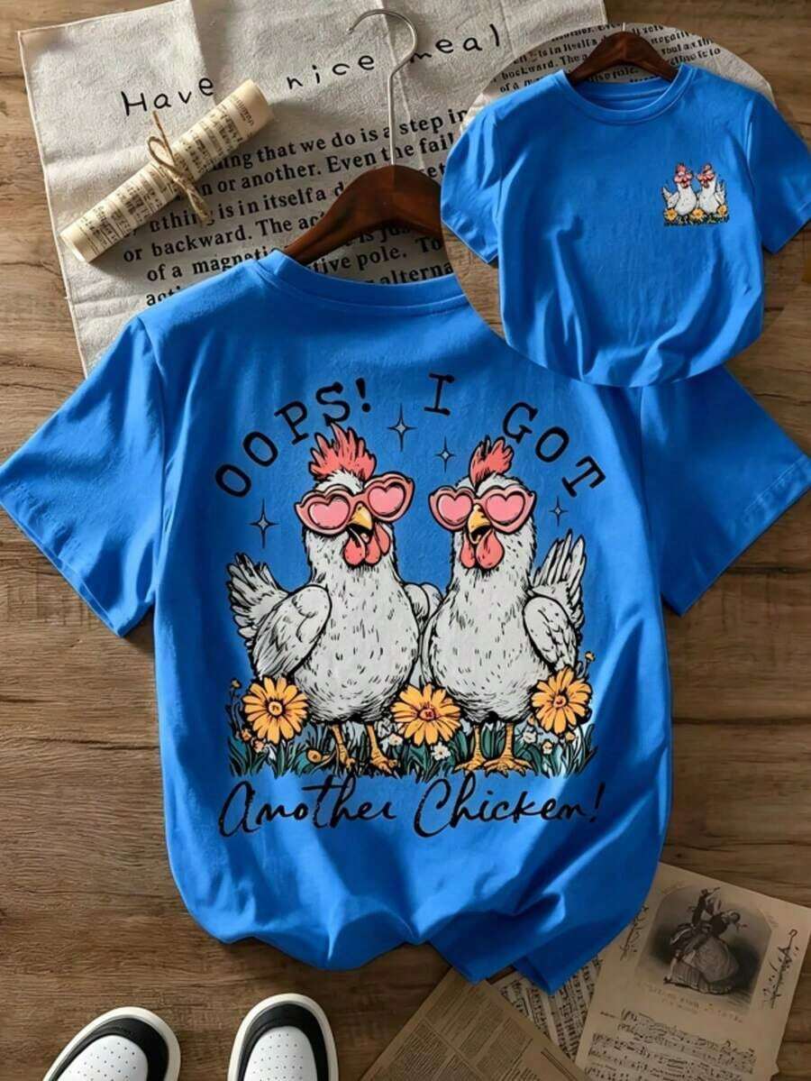 Women's Mexican Summer Basic Tops, Casual Short Sleeve Summer T-Shirts | Double-Sided Letter And Chicken Print, Crew Neck, Spring/Summer Top, Slightly Stretchy Fabric, Pullover Style. Loose And Comfortable Summer Clothing - New Release - 藍色 - 查看 1