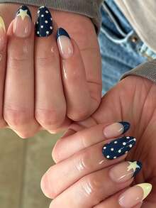 24pcs Oval Acrylic Nail Stickers, Vintage Navy Blue Base With Light Yellow Polka Dots French Manicure, Cute Ivory White Striped Star Pattern 3D Metal Bead Decor, Suitable For Spring/Summer Blue Nails, Full Coverage Fake Nails, Includes 1 Glue Sheet And 1 Mini File, Random Delivery - Multicolor - View 1
