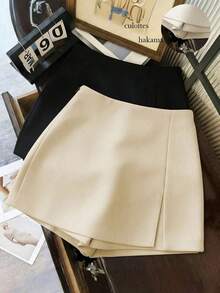 Pantalones cortos/falda/culotte/shorts de mujer de tela suave y texturizada de cintura alta con abertura, de uso versátil y casual, para primavera/otoño - Albaricoque - Ver 3