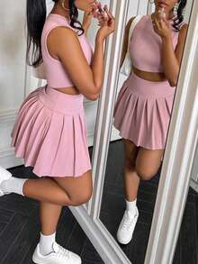 2 piezas Conjunto para mujer con top de tirantes con corazón calado y falda plisada - Rosa - Ver 1