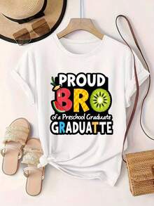 Camiseta Casual de Manga Corta para Mujer - Orgulloso Hermano de un Graduado de Preescolar, Cuello Redondo, Top de Verano, Lavable a Máquina, Camisetas para Damas, Ropa Casual, Estilo Moderno, Ajuste Cómodo  
 -Blanco - Blanco - Ver 2