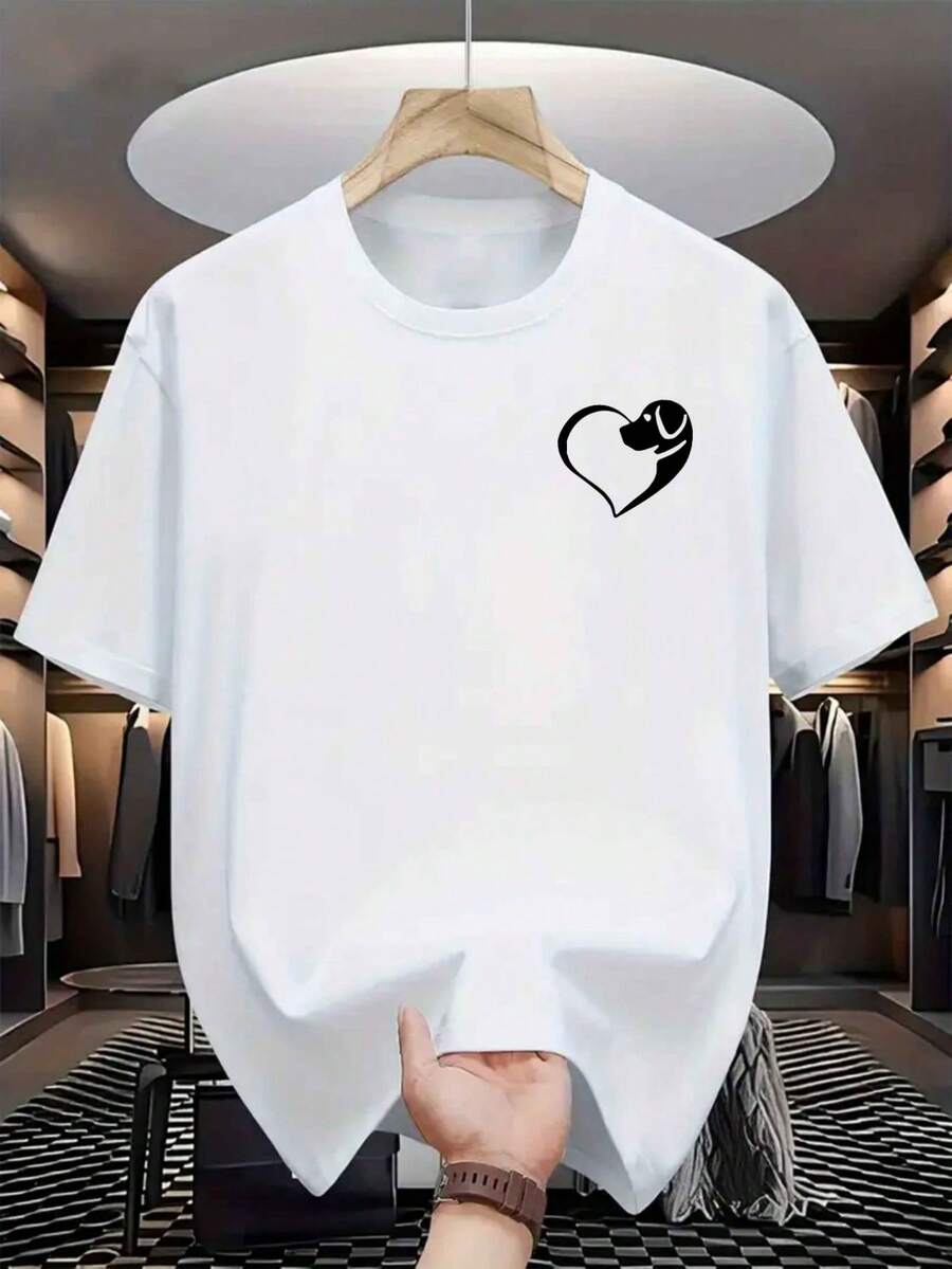 Men's Casual Crew Neck T-Shirt With Heart And Dog Prints, Made With A Slightly Stretchy Knit, Regular Fit, Letter Design, 180 Grams - Suitable For Both Teenagers And Adults, A Versatile Garment For Various Occasions Such As Christmas, Easter, Halloween, Thanksgiving, Etc. Loose And Comfortable. - White - View 1