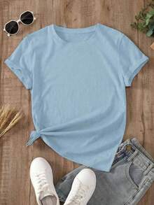 Women's Light Blue Summer Oversized T-Shirt With "Forever Awesome" Slogan And Pink Flowers. Loose-Fitting Round Neck T-Shirt With Printed Text And Floral Design, Fresh And Casual Style. - YH414-藍色 - 查看 2