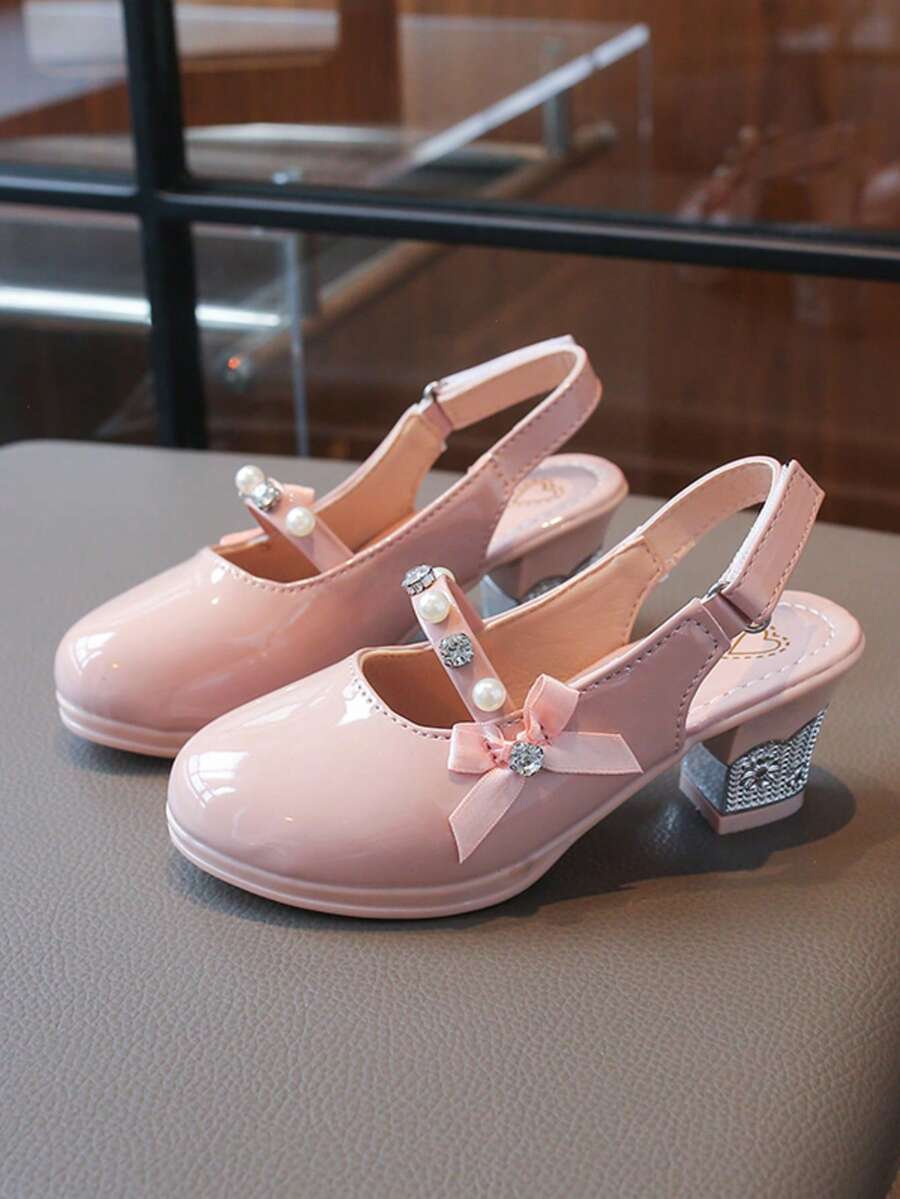 Girls' Pearl & Rhinestone Decorated Mary Jane Princess High Heel Sandals, Suitable For Parties And Daily Wear - Pink - View 1