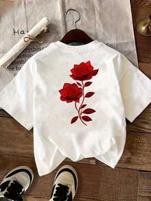 Camiseta estampada con diseños frontales y traseros, rosas rojas, patrón de San Valentín, cuello redondo, manga corta, ajuste cómodo, diseño clásico, artículo de moda, top estampado de doble cara para mujer, transpirable y cómodo. - Blanco - Ver 2