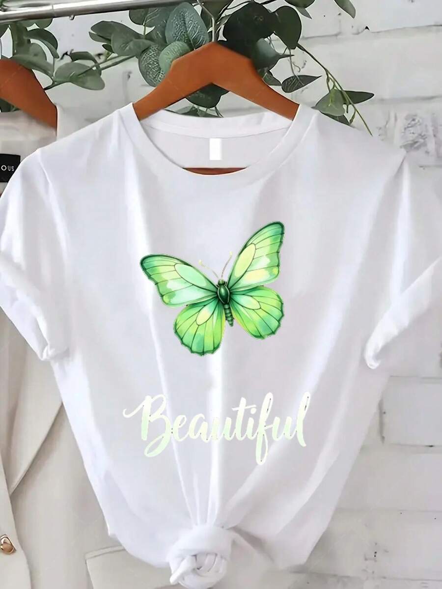 Camiseta Clásica de Talla Grande para Mujer con Estampado de Mariposas Verdes - Top Casual de Manga Corta y Cuello Redondo, adecuada para primavera, verano y otoño, perfecta como regalo de Navidad o Año Nuevo (lavable a máquina) - Artículo cómodo y versátil, adecuado para todas las estaciones. Bestseller - Blanco - Ver 1